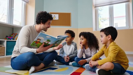 Engaging Storytime with a Male Teacher and Three Children in a Classroom Setting