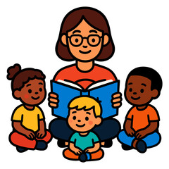 Obraz premium Diverse group of children listening to storytime with female teacher.
