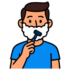 Cartoon male shaving with razor and soap bubbles.