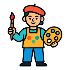 Cartoon artist holding paintbrush and palette in red beret and apron.