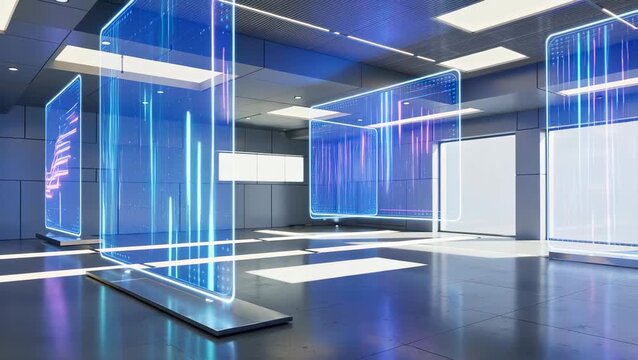 Futuristic Digital Interface Room with Transparent Displays and Enhanced Technology