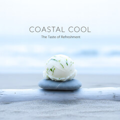 Single Scoop of Refreshing Lime Sorbet on Beach Pebble and Driftwood