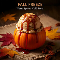 Pumpkin Spice Ice Cream in a Miniature Pumpkin Bowl with Caramel Drizzle