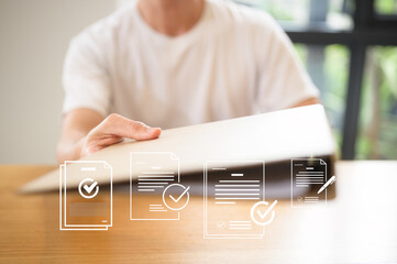 businessman hand holding or handing over document, documentation, document data management system, Document data system Report HR technology Concept