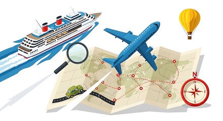 Travel planning concept with cruise ship, airplane, map, and compass for global adventure.