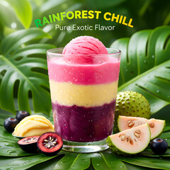Vibrant Layered Exotic Fruit Sorbet Drink Surrounded by Tropical Rainforest Leaves and Fresh Soursop