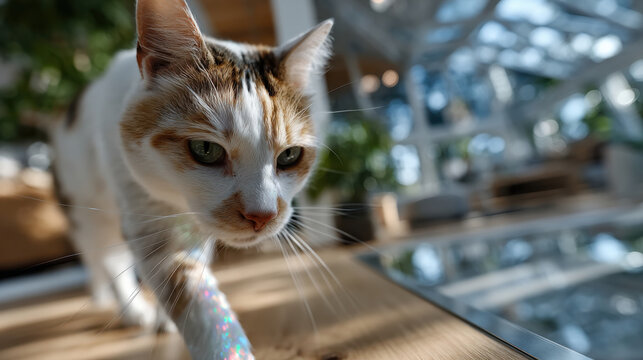 A close-up view of a fluffy calico cat inquisitively exploring a sunlit wooden floor, embodying curiosity and the charm of playful moments in domestic settings.
