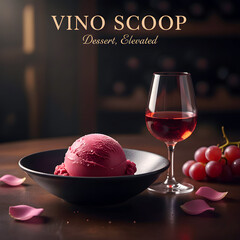 Gourmet Red Wine Sorbet Scoop Paired with Rosé Wine Glass and Grapes on Dark Wood