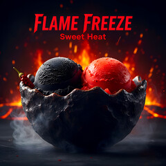 Extreme Flame Freeze Dessert: Black and Red Ice Cream Scoops in a Fiery, Smoky Inferno Bowl