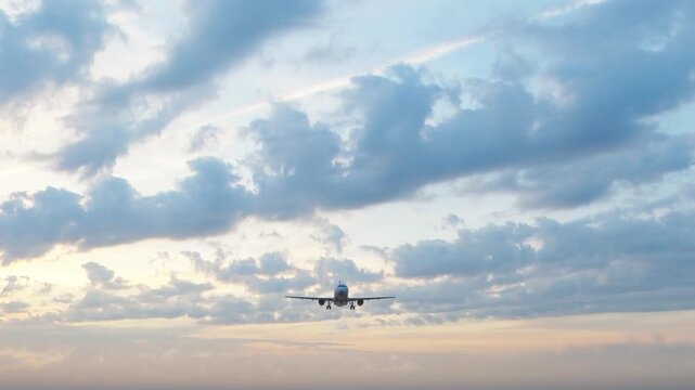 3840x2160 Ultra HD. The plane flies in the blue sky. travel. Airplane takes off in the background of blue sky. 4K.