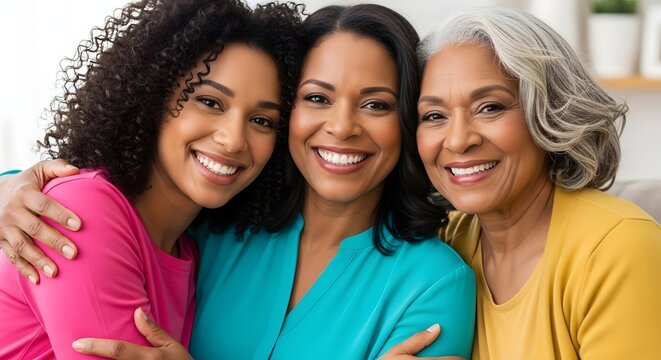 Three generations of African-American women smiling and embracing. A younger woman, middle-aged woman and older woman. Happy family portrait.