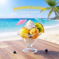 Tropical Sunshine Scoops Sundae with Pineapple, Kiwi, and Passion Fruit on a Sunny Beach