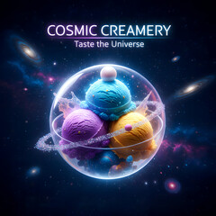 Cosmic Creamery: Colorful Ice Cream Scoops Inside a Planetary Glass Orb with Galaxy Background