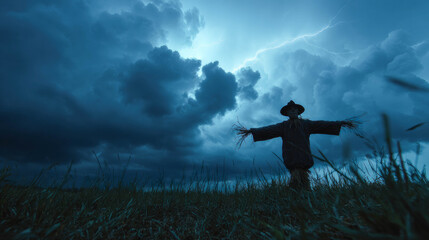 Scarecrow silhouette against dramatic stormy sky with lightning illuminating dark clouds