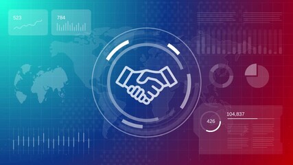 Digital partnership and business collaboration handshake icon over a data rich background technology driven alliances agreement and worldwide commercial relationship - Powered by Adobe