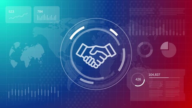 Digital partnership and business collaboration handshake icon over a data rich background technology driven alliances agreement and worldwide commercial relationship