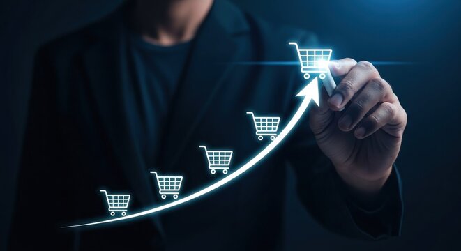 E-commerce growth concept. A graph with shopping cart icons increasing upward, symbolizing increasing online sales, digital retail trends, and internet marketplace growth.