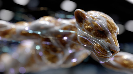 A sleek, chiseled figure of a cheetah in motion, crafted from translucent materials, epitomizes speed and artistry in a vivid and imaginative presentation.