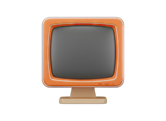 Retro orange computer monitor with a blank grey screen and cream base on a transparent background, vintage technology display screen
