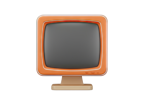 Retro orange computer monitor with a blank grey screen and cream base on a transparent background, vintage technology display screen