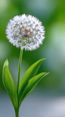 Dreamy Macro Close Up of a Dandelion Seed Head with Water Droplets on Vibrant Green Leaves Soft Bokeh Background Natural Light