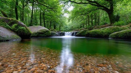 Obraz premium Lush Forest Stream with Moss Covered Rocks and Clear Water Flowing Over Pebbles in Natural Sunlight