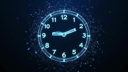 A futuristic blue digital clock face glowing with particles on a dark background. - Powered by Adobe