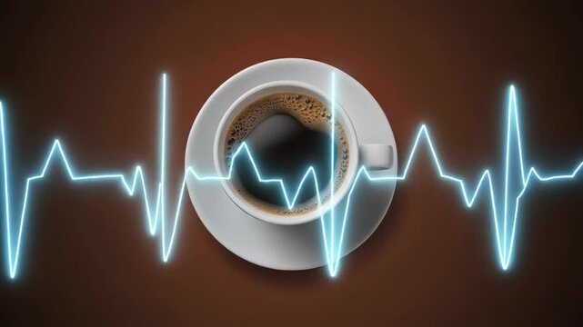 A cup of coffee with a vibrant heartbeat line indicating energy boost and caffeine effect