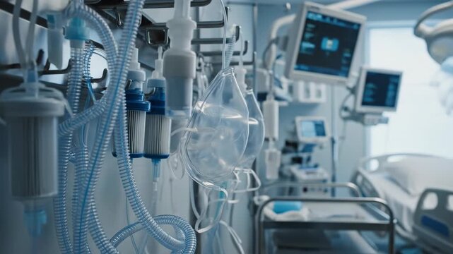 Hospital room with medical equipment and monitors.