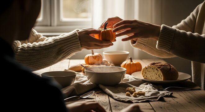 Rustic Thanksgiving Hands Sharing Harvest Meal