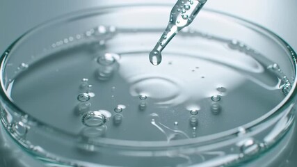 Closeup of a clear liquid droplet falling from a glass pipette into a petri dish creating ripples and splashes symbolizing scientific research laboratory experiments and chemical analysis in a steril. - Powered by Adobe