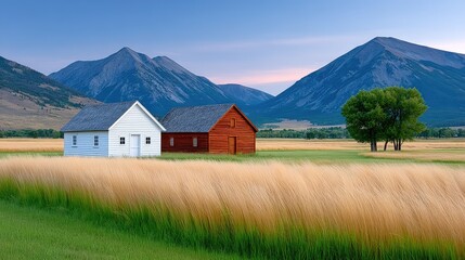 Rural Landscape With Three Barns And Distant Mountains Under A Soft Blue Sky With Golden Field In The Foreground