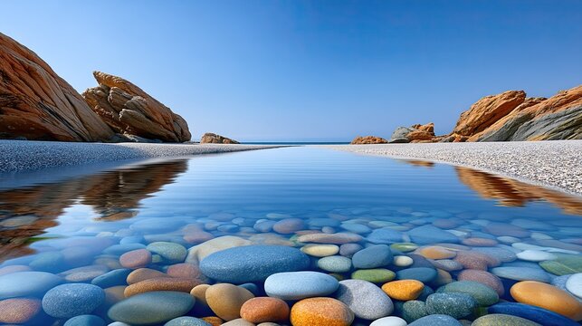 Pebbled Shoreline With Calm Tidal Pools Reflecting Blue Sky And Rocky Outcroppings Under Bright Sunlight