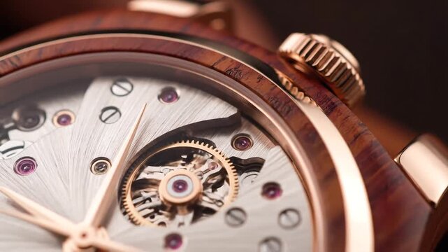 Closeup of a luxurious automatic mechanical watch with intricate gears and moving parts visible through the transparent dial showcasing precision engineering and craftsmanship in a timeless design. - Powered by Adobe