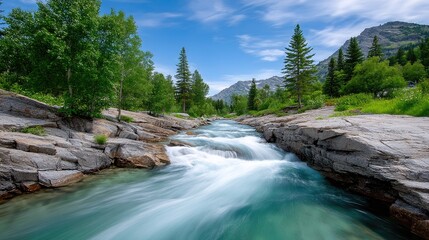 Vibrant Turquoise River Rapids Flowing Through Rocky Terrain Amidst Lush Green Forested Mountains Under a Bright Blue Sky on a Sunny Day
