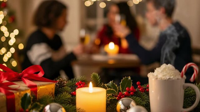 Cozy Christmas table setting with festive decorations, a glowing candle, and steaming hot chocolate, while blurred adults celebrate in the background.