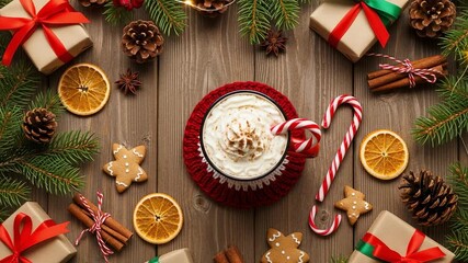 Cozy Christmas holiday flat lay with hot chocolate, festive gifts, gingerbread cookies, and winter decorations on a rustic wooden background - Powered by Adobe