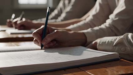 In this informative video, students attentively take notes during a lecture. The focus on writing emphasizes the importance of active participation and effective learning in an educational environment