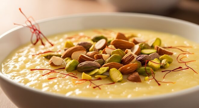 Close-up of kheer (rice pudding) in a white bowl, garnished with almonds, pistachios, and saffron threads. Creamy texture and warm lighting.