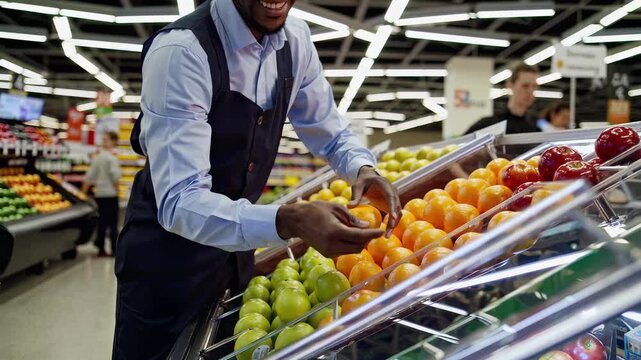 In this engaging video, a supermarket employee skillfully arranges fresh fruits in a display. The importance of presentation and customer service in retail is highlighted throughout.
