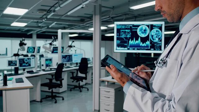 In this informative video, a doctor reviews patient data on a tablet in a high-tech medical lab. The advanced technology and attentive approach emphasize the future of healthcare diagnostics.
