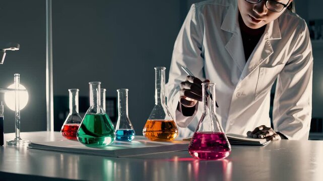 In this fascinating video, a scientist in a lab coat conducts experiments with colorful liquids. The careful organization and meticulous technique highlight the importance of precision in chemical res