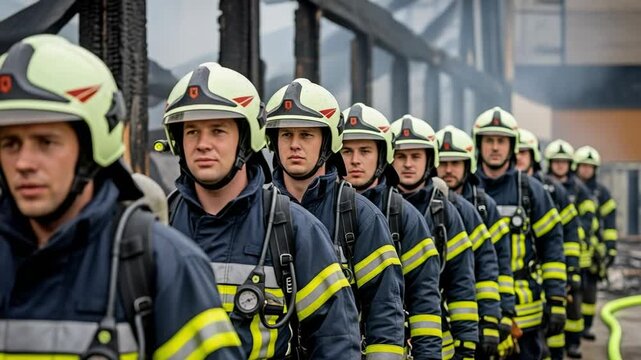 A line of focused young adult male firefighters in protective helmets and uniforms standing at a fire scene with a damaged building in the background.