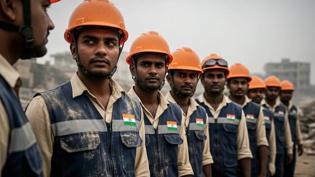 Dedicated Indian male construction workers in safety gear and national flag patches standing in formation at a challenging outdoor work environment