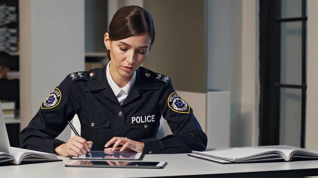 In this intriguing video, a police officer intently reviews important documents at a desk. The atmosphere captures the dedication and focus required in law enforcement.