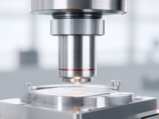 Microscope lens adjusting to nanometer scale precision laboratory science technology research closeup metal modern equipment
