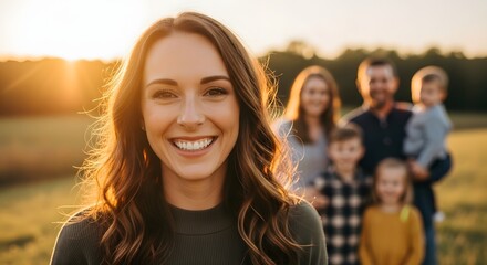 Fototapeta premium Smiling woman in focus, with family blurred in the background. Warm sunlight. Happy, family, portrait, outdoors, togetherness.