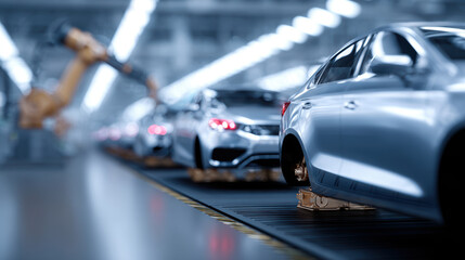 Obraz premium Automotive plant with robotic arm assembling silver car on production line, advanced technology, high quality, modern, efficient