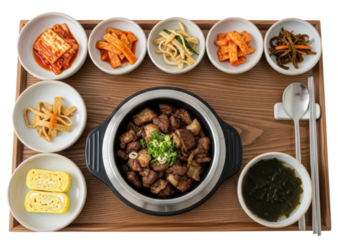 Authentic korean pork belly meal set with assorted banchan and seaweed soup