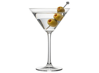 Classic martini cocktail with green olives on a pick in a clear glass